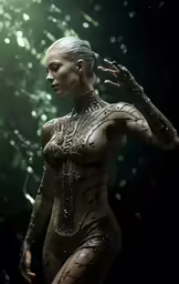 a woman with silver makeup and body art
