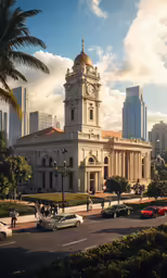 a very tall white church next to some palm trees
