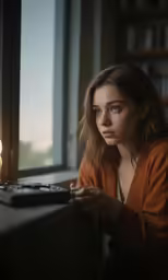 woman looks out a window as she stares at a computer