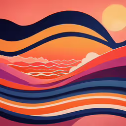 abstract landscape, the sun is reflecting in the waves,a painting of an abstract landscape of wavy lines