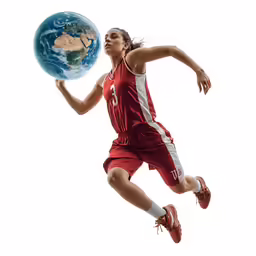 a woman playing basketball with a earth globe behind her