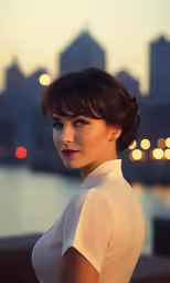 a woman is posing in front of a skyline and the water