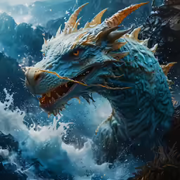 a painting of a blue and white dragon standing in water with its mouth open