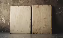 two old books are propped up against the wall