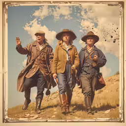 three people in historical clothing are walking through the grass