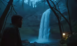 a man looking at a waterfall in the forest