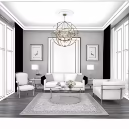 a black and white photo of a living room with large windows