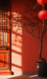 red lanterns and a bonsai tree in a pot on a street