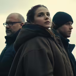 a woman looks up at two men standing together