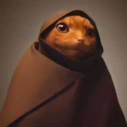 a cat covered in a blanket poses with a hood on