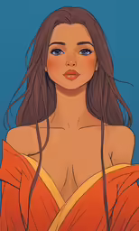 a woman with long brown hair in orange