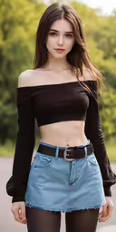a woman in high waist jeans and black shirt