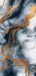 a woman with hair blown into the wind with an orange and black pattern