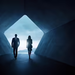 two business people walk towards light at end of tunnel