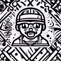 a white and black ink drawing of a person,a drawing of a man with sunglasses and a helmet on