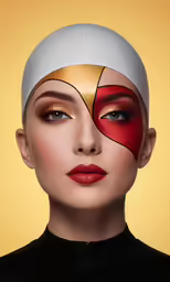 the head of a woman in red and white makeup