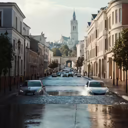 a wet city street filled with lots of traffic