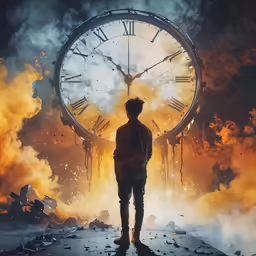 a person standing next to a huge clock