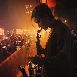 the man is holding his microphone in front of the crowd