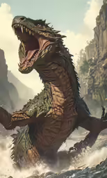 a large dinosaur with a long neck standing in the water