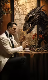 a man in a white suit sitting down with a strange looking statue behind him