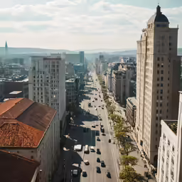 an empty downtown city street with lots of cars