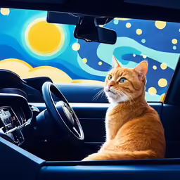 an orange and white cat sitting on the inside of a car