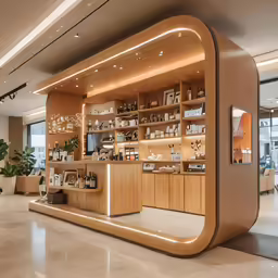 a room with a large window and a curved display