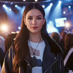 a woman wearing a leather jacket looking at the camera