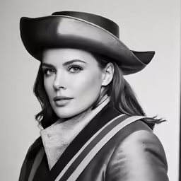 a woman with long hair and wearing a hat