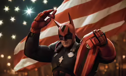 a man in costume holds his arms up while standing next to a giant american flag
