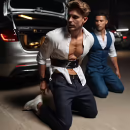 two men standing by a parked car in front of them