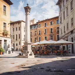 a statue in the middle of a small square with tables outside