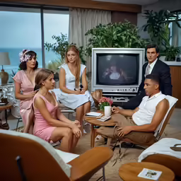 group of people talking to each other in front of tv