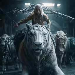 the girl is riding on top of the tiger