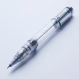 a clear pen with a white tip on a table