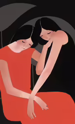 two women embracing in front of a dark background