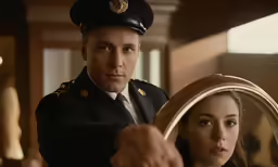a man in uniform looks into the mirror and looks at himself