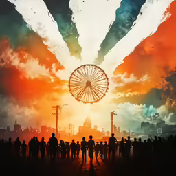 a large poster with people walking through a city and a giant bird