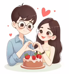 couple making heart shape with their hands over a cake