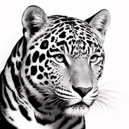 a black and white photo of a leopard with an intense look
