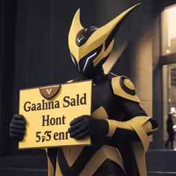 a large, plastic sign with a character holding it