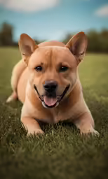 a small dog laying in the grass smiling