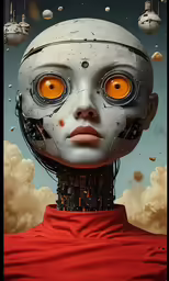 a face that has two yellow eyes and no head is shown