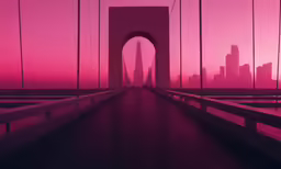 the sun is setting behind a large bridge
