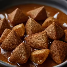 small pieces of bread on top of brown soup in a bowl