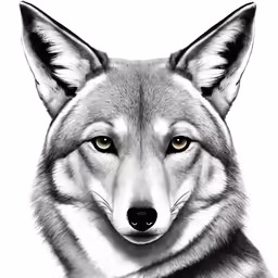 a black and white wolf with an orange eyes