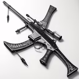 a metal sculpture of a gun and weapon