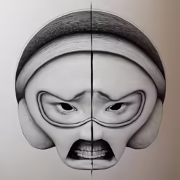 two identical drawings of a face and head in a split