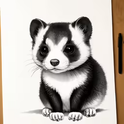 an illustration of a cute skoat with big eyes sitting on a desk